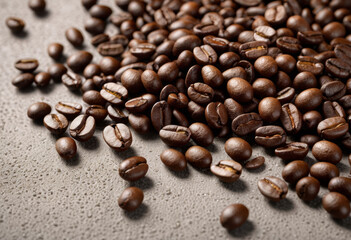Fototapeta premium Close-up of many coffee beans spilled on a cement tabletop
