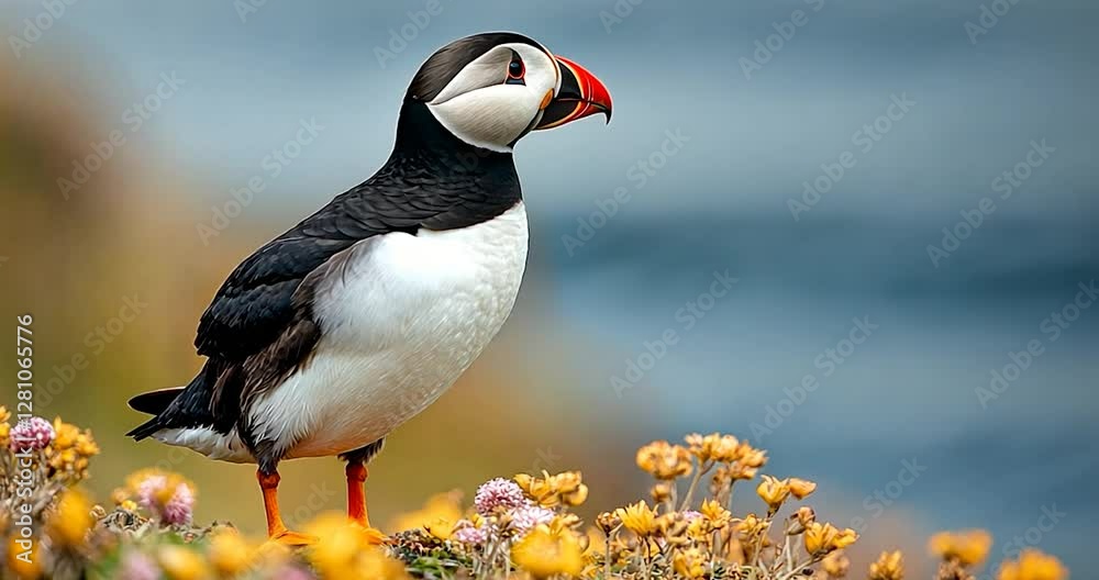 Poster puffin bird standing on a cliff edge with flowers and the sea in the background