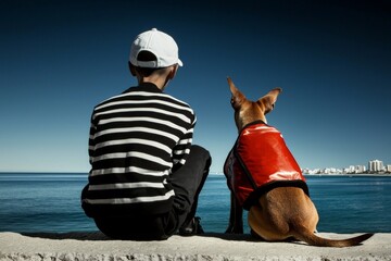 A preteen boy and his service dog sit together on sun-kissed rocks overlooking the ocean