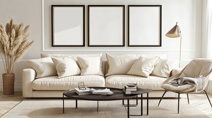 Elegant Interior with White Sofa and Black Frames on Wall