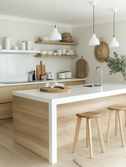 A modern kitchen is designed and decorated beautifully with lights