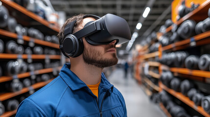 Immersive virtual reality experience in warehouse setting, showcasing man wearing VR headset. environment is filled with shelves of equipment, highlighting technology and innovation