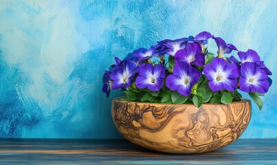 A vibrant arrangement of purple pansies in a wooden bowl against a textured blue background