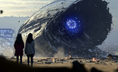A blue field was the site of a spaceship crash in the illustration painting