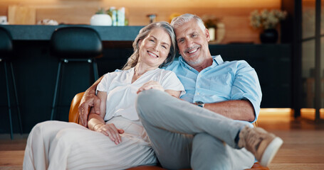 Hug, relax and senior couple in home, partnership support and love for connection in marriage....