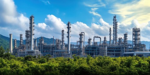 Obraz premium Expansive View of a Modern Oil Refinery Surrounded by Lush Greenery Under a Clear Blue Sky with Dramatic Clouds and Mountain Backdrop