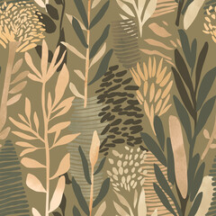 Obraz premium Botanical seamless repeating pattern with earthy green and ochre yellow abstract plants on muted green background