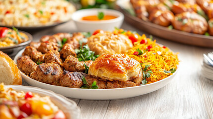 Fototapeta premium Abundant Middle Eastern feast with traditional dishes and colorful presentation