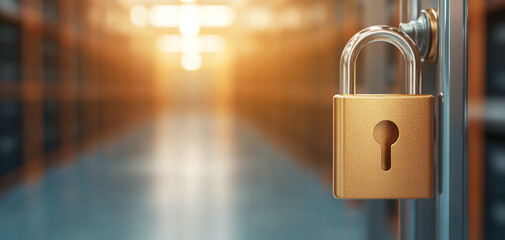 Close-up of secure padlock on server room door, symbolizing data protection and cybersecurity