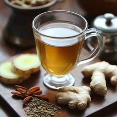 Ginger tea with fresh slices, cardamom, and anise on wooden platter