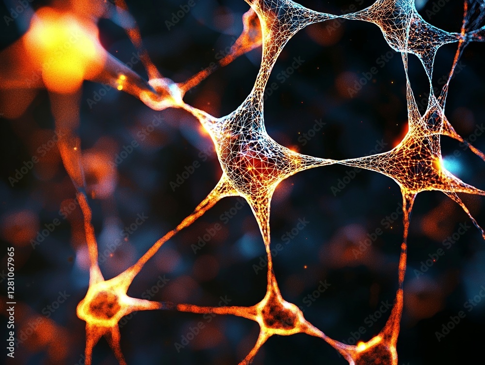 Poster a network of glowing orange lines and dots is set against a black background with a bokeh effect