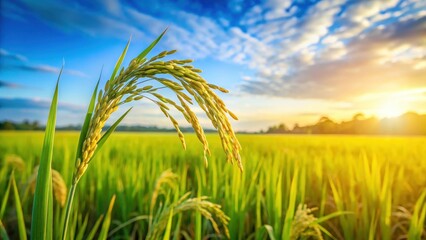 A single rice crop in a field under a bright blue sky with a blurred background, creating a sense of depth and serenity , rural landscape, outdoor scene