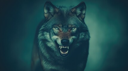 Fierce wolf with piercing eyes emerges from dark, misty backgrou