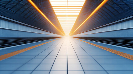 Futuristic train station platform with glowing lights, perspective view converging towards bright horizon.