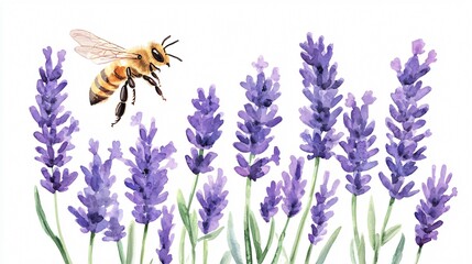 Naklejka premium Watercolor Lavender Flowers and Honeybee