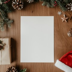 Obraz premium A vertical white paper sheet on a rustic wooden surface, surrounded by holiday decorations and gift boxes, provides a blank template for creating custom Christmas and New Year invitations, menus, or