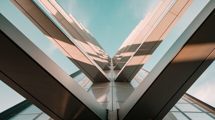 Dynamic architectural composition with intersecting metallic beams and glass windows creating a unique geometric pattern, symbolizing modernity and innovation in urban design.