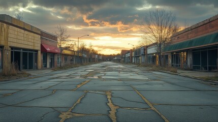 An abandoned street lined with deserted storefronts, framed by a dramatic sunset and overcast skies, evokes a sense of desolation and nostalgia.