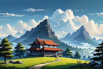 Obraz premium there is a painting of a house on a hill with a mountain in the background
