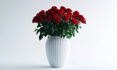 Fototapeta premium A vibrant bouquet of red roses arranged in a stylish white vase against a minimalist backdrop