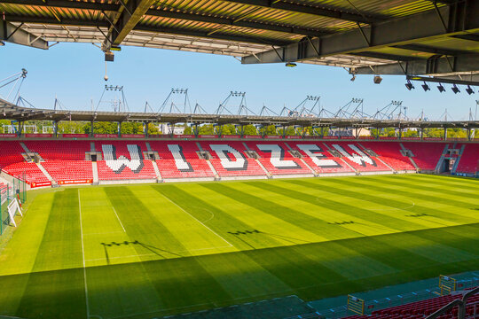 LODZ, POLAND - 30 July 2024: Aerial view at the stadium Widzew Lodz on a sunny day