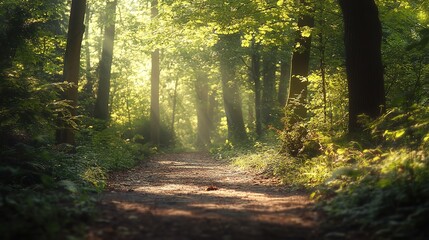 Obraz premium Tranquil forest bathed in soft sunlight, earthy tones blending harmoniously, evoking peace and natural serenity