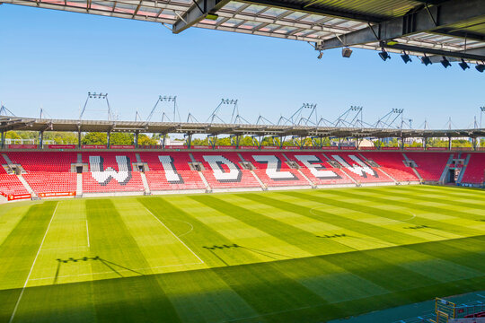 LODZ, POLAND - 30 July 2024: Aerial view at the stadium Widzew Lodz on a sunny day