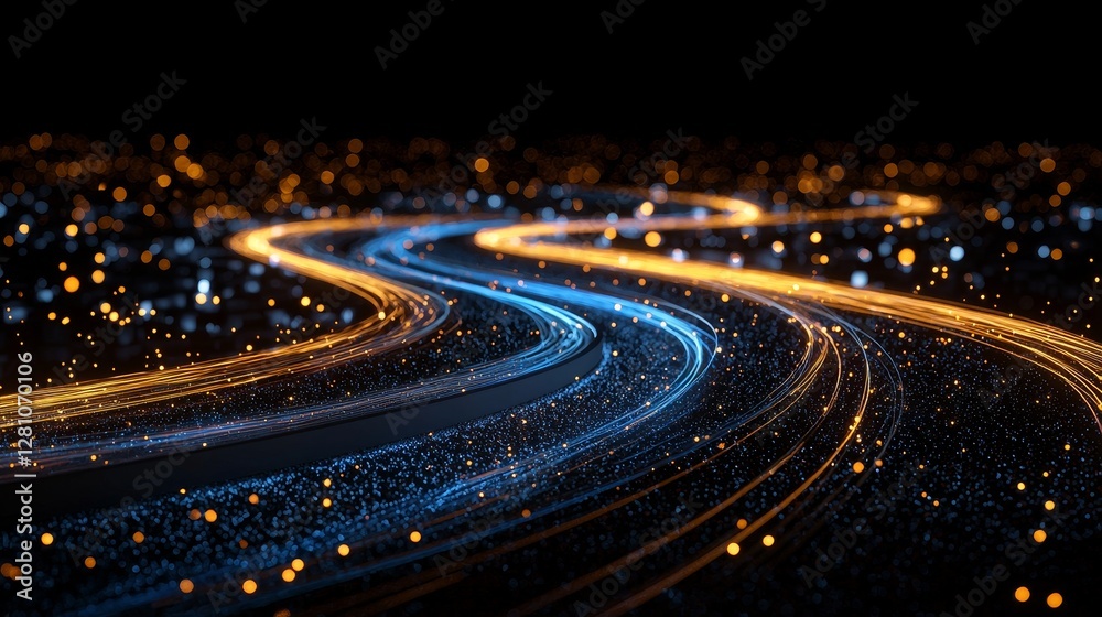 Poster in an abstract digital setting, glowing lines and bokeh lights create the illusion of fast motion or