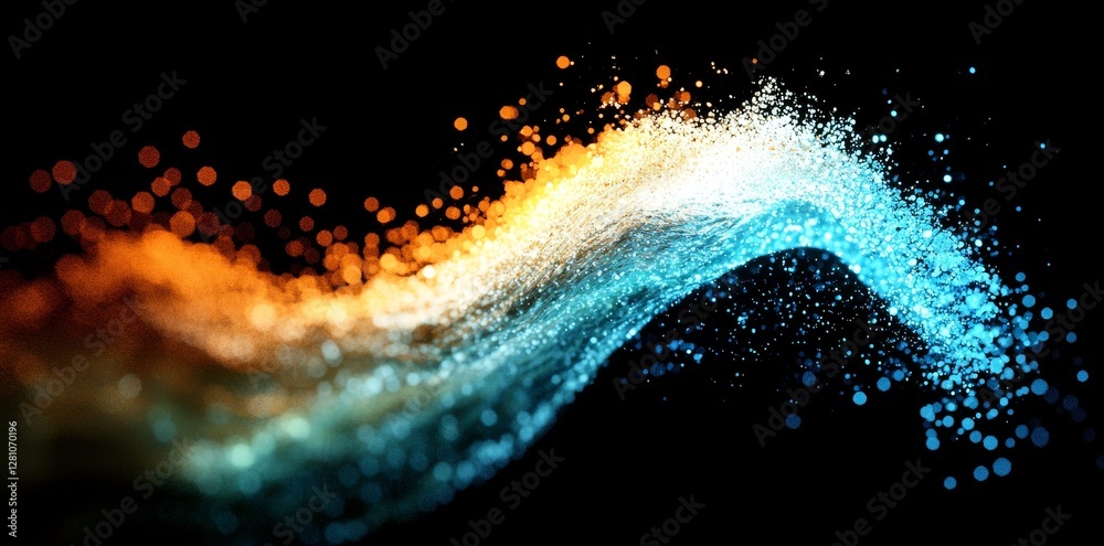 Wall mural digital artwork depicting an abstract environment with radiant orange particles surrounded by soft b