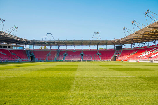 LODZ, POLAND - 30 July 2024: Aerial view at the stadium Widzew Lodz on a sunny day