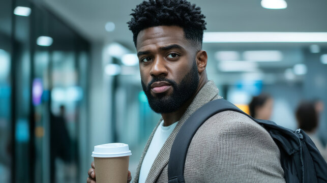man with beard holds coffee cup while wearing stylish jacket and backpack in busy indoor setting. He appears confident and focused