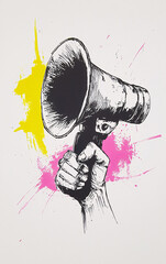 Graphic illustration of a raised hand holding a megaphone, protest symbol, activism, revolution, communication, political voice, social rights, bold artistic expression with vibrant colors