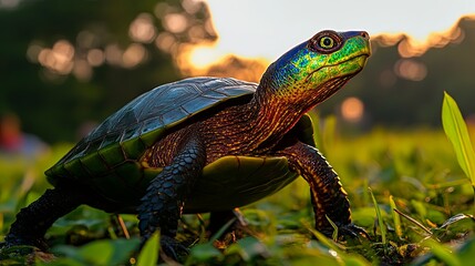 Obraz premium Colorful Turtle Silhouette on Grassy Patch at Sunset