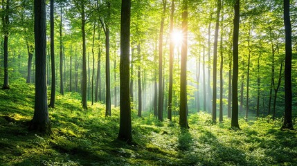 Obraz premium Tranquil forest bathed in soft sunlight, earthy tones blending harmoniously, evoking peace and natural serenity