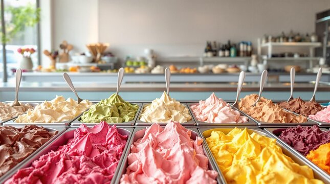 Close-up view of multiple trays filled with freshly made gelato in an ice cream shop, showcasing creamy and rich dessert options