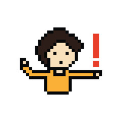 Fototapeta premium Cute pixel cartoon character man notice with exclamation mark decoration 8 bit male boy surprise idea exclamation alert cartoon pixel video game 8bit png vector.