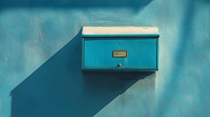 Vintage blue mailbox on a light blue wall creates a minimalist composition with strong diagonal shadows, evoking mid-century design nostalgia.