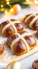 Cozy Easter celebration scene with hot cross buns on a wooden plate, decorated with Easter eggs and festive decorations, creating a warm and joyful atmosphere for Easter gatherings. Soft lighting enha