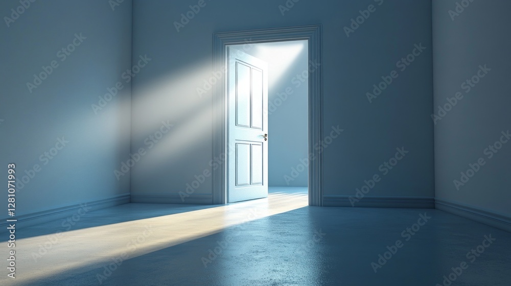Poster sunlight streams through an open door in a peaceful white room, casting gentle shadows on the floor,