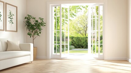 Fototapeta premium Bright and Airy Living Room with Herringbone Wood Floor Design
