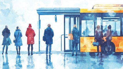 Watercolor Painting of People Waiting at Bus Stop