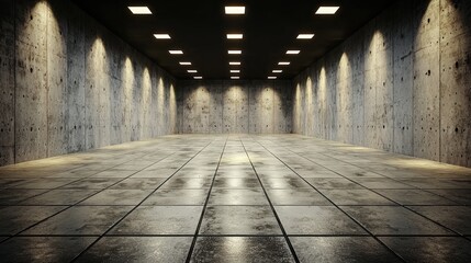 Fototapeta premium Empty concrete room, industrial lighting, reflective floor, architectural design, background for product display