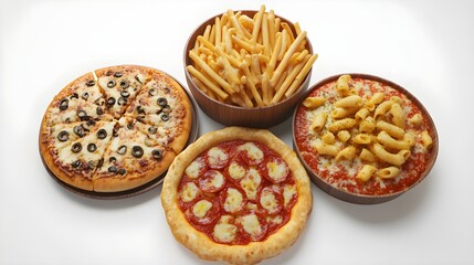 Fototapeta premium Delicious Variety of Comfort Food on White Background
