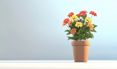Obraz premium A vibrant flower pot with colorful blooms against a minimalist background, creating a serene atmosphere