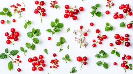 Fresh Red Cranberries and Leaves on White Background Top View