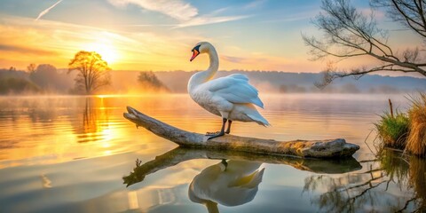 An Art Swan perched on a rock or branch in the middle of a serene lake or pond at sunrise, gazing out into the distance with a sense of calm and tranquility , art swan, floating