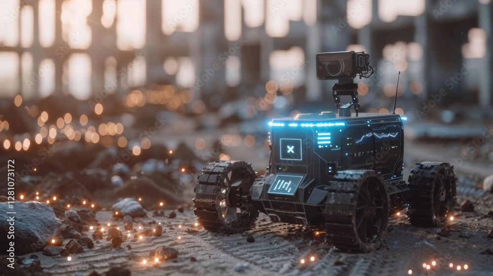 Aufkleber a robotic exploration unit is traversing a desolate, ruined environment with scattered debris and gl