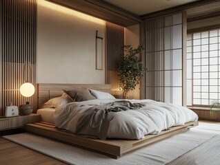 An elegant Asian bedroom with a modern minimalistic design