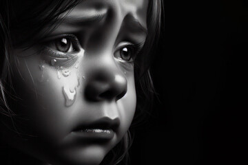 Black and white of close up Portrait of little girl crying with tears rolling down his cheek isolated