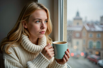 Pensive woman on a window in winter with a hot beverage